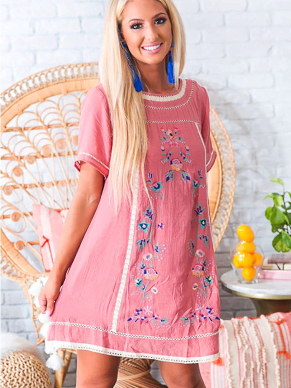 Umgee Embroidered Short Sleeve Boho Shift Dress